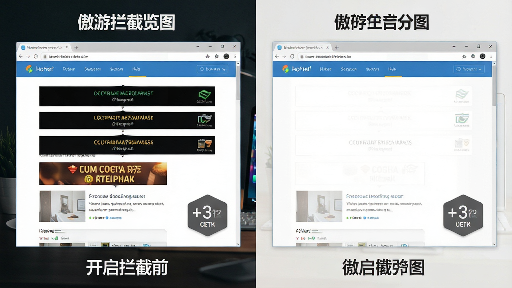 一张展示傲游浏览器广告拦截效果的对比图,画面主体是同一网页在开启拦截前后的对比,布局为左右分栏构图,风格为简洁对比写实风,细节包括广告横幅消失、页面留白增加、拦截计数图标,画质高清,画面干净,无多余元素