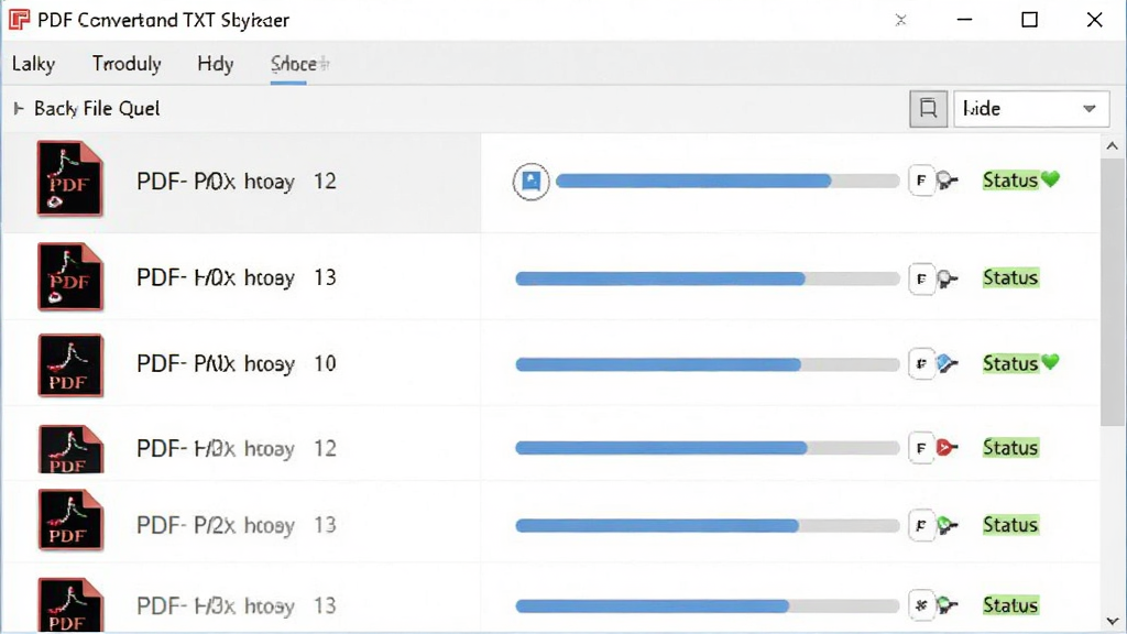 一款名为PDF转换成TXT转换器的软件界面截图,画面展示批量文件队列,多个PDF文件排列在列表中,每个文件右侧有进度条和状态标识,整体布局规整,风格简洁专业,画质清晰,无杂乱元素