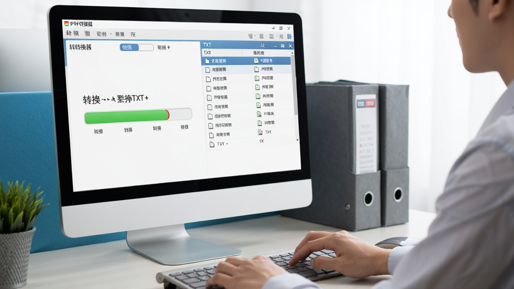一位办公人员坐在电脑前使用PDF转换成TXT转换器的场景图,屏幕显示转换进度条和TXT文件列表,桌面整洁,光线明亮,风格写实商务,画质清晰,画面中文字为中文界面