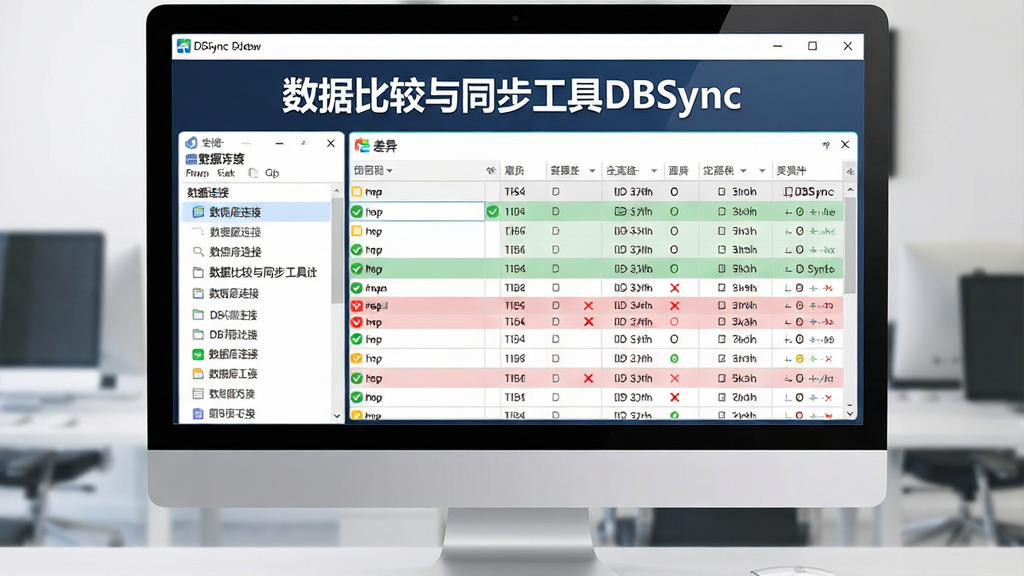 一张展现数据比较与同步工具DBSync全貌的软件界面图,主体为电脑屏幕中打开的数据比对窗口,左侧显示数据库连接列表,右侧为差异高亮的数据表格,界面上有“数据比较与同步工具DBSync”的文字标识,布局清晰,排版为居中展示,风格为专业科技感,细节包括绿色对勾与红色叉号标记差异行,画质高清,干净,无多余元素