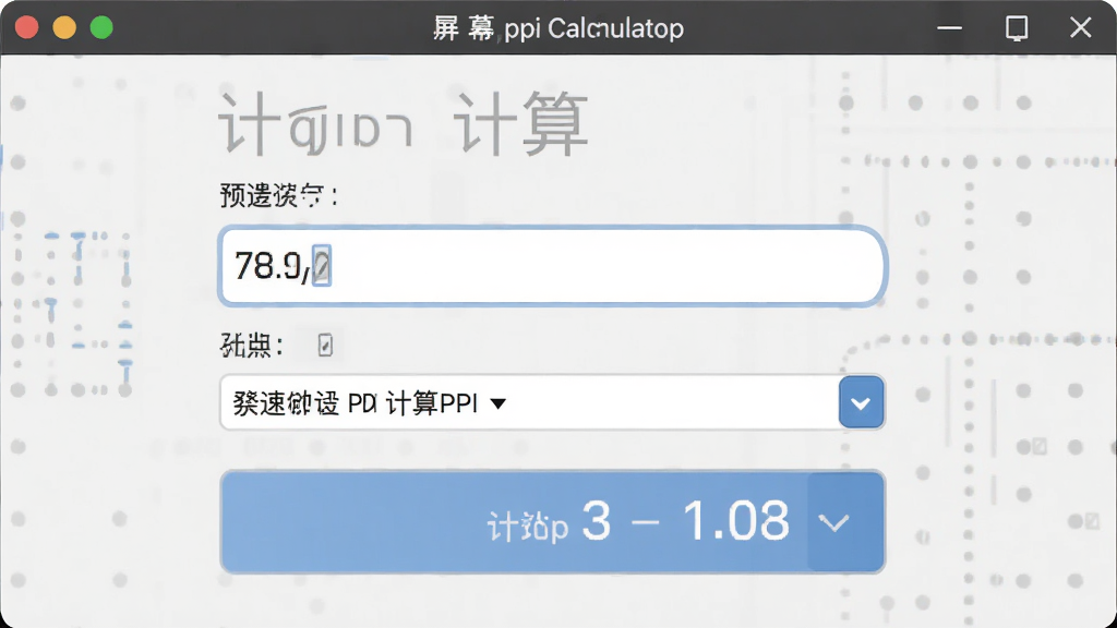 一张展示屏幕ppi计算器快速计算PPI数值功能的图片,主体为软件界面中央显示输入框和计算结果,布局为上方输入下方结果,排版简洁明了,风格为扁平化设计,细节包括分辨率预设下拉菜单和计算按钮,画质清晰,干净,无多余元素