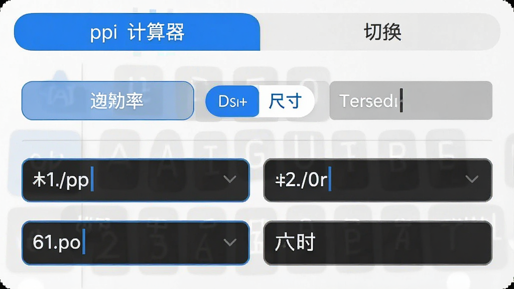 一张展示屏幕ppi计算器分辨率与尺寸自由切换功能的图片,主体为软件界面中切换按钮和输入区域,布局为顶部标签切换底部输入框,排版清晰,风格为现代极简,细节包括分辨率标签和尺寸标签的切换状态,画质高清,干净,无多余元素