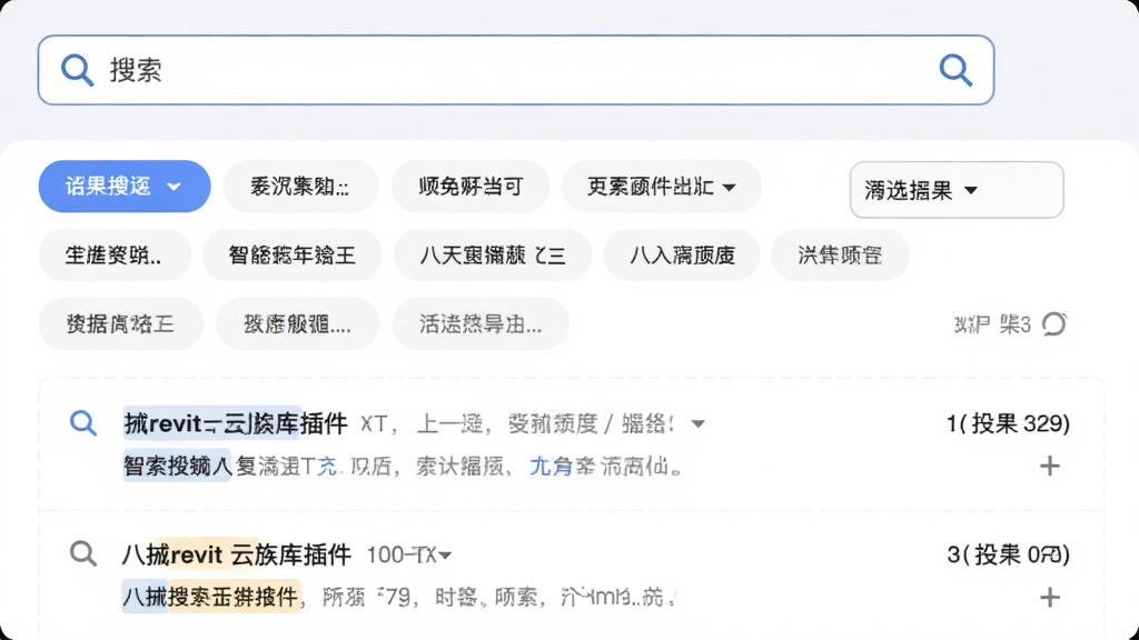 八戒revit云族库插件智能搜索界面,主体为搜索框与筛选条件面板,布局为上方大搜索栏、下方多列筛选标签、中间搜索结果列表,排版为搜索引擎风格,风格为清爽浅色系,细节包括放大镜图标、筛选下拉菜单、结果数量统计、高亮匹配文字,画质高清,干净,无多余元素