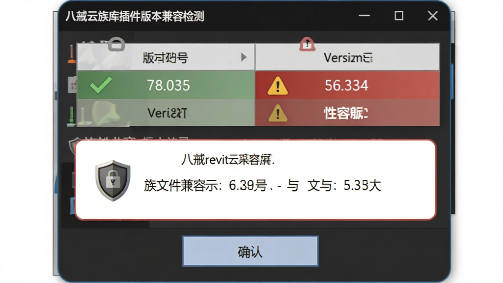 八戒revit云族库插件版本兼容检测界面,主体为Revit版本号与族文件兼容性提示框,布局为居中弹窗式、上方版本对比表、下方确认按钮,排版为对话框风格,风格为简洁警示风格,细节包括绿色对勾、黄色感叹号、版本号数字、盾牌安全图标,画质高清,干净,无多余元素