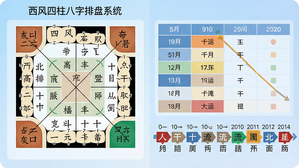 一张展示西风四柱八字排盘系统大运流年功能的图片,画面中左侧为八字命盘,右侧为大运列表与流年时间轴,时间轴上标注不同年份对应的干支,界面风格简洁商务,背景为淡蓝色渐变,布局左右分栏,排版清晰,细节包含年份数字、干支文字、高亮标记,画质清晰干净,无多余元素