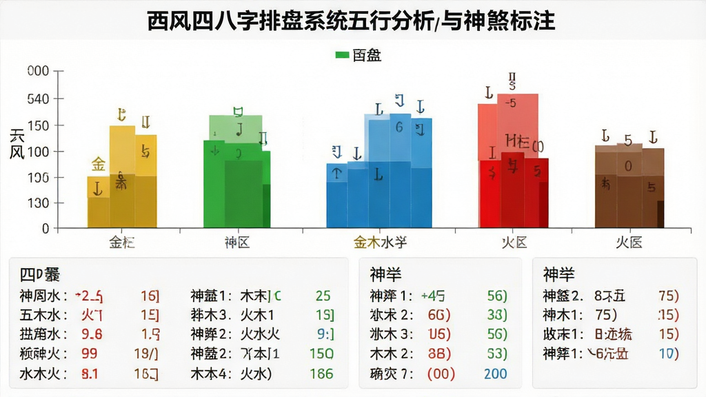 一张展示西风四柱八字排盘系统五行分析与神煞标注的图片,画面中央是五行力量分布柱状图与神煞列表,柱状图分别用不同颜色表示金木水火土,神煞列表以文字形式排列在下方,背景为白色,风格为数据可视化界面,布局上下结构,排版整齐,细节包含颜色区分、文字标注、数值显示,画质清晰干净,无多余元素