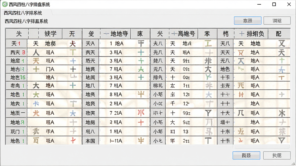 一张展示西风四柱八字排盘系统软件主界面的图片,画面中央是软件窗口,窗口内显示四柱八字排盘表格,包含天干地支、五行属性、十神等信息,界面风格简洁专业,背景为淡雅的浅灰色,主体突出,布局规整,排版清晰,风格为软件截图写实风,细节包含表格线条、文字标注、功能按钮,画质清晰干净,无多余元素