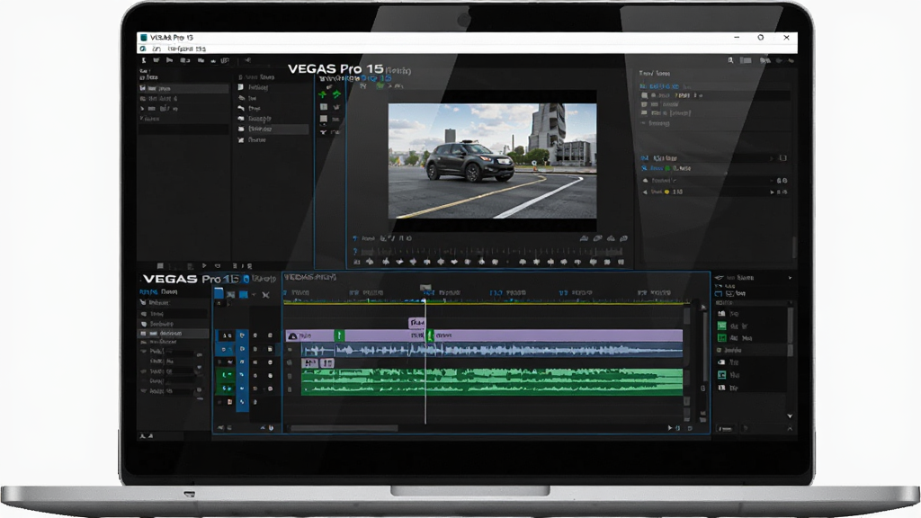 主体是一台打开的笔记本电脑,屏幕上显示着 VEGAS Pro 15 软件界面,布局包含时间线、预览窗口和音频轨道,排版居中,风格为现代科技感,细节上屏幕有光影反射,画质清晰,干净,无多余元素