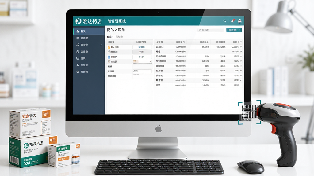 宏达药店销售管理系统进销存管理功能展示图,画面主体为电脑屏幕上的药品入库单和库存列表界面,布局为左右分栏,左侧为菜单导航,右侧为数据表格,排版整齐,风格为商务办公风,细节上体现药盒、扫码枪、键盘等元素,画质清晰,干净,无多余元素