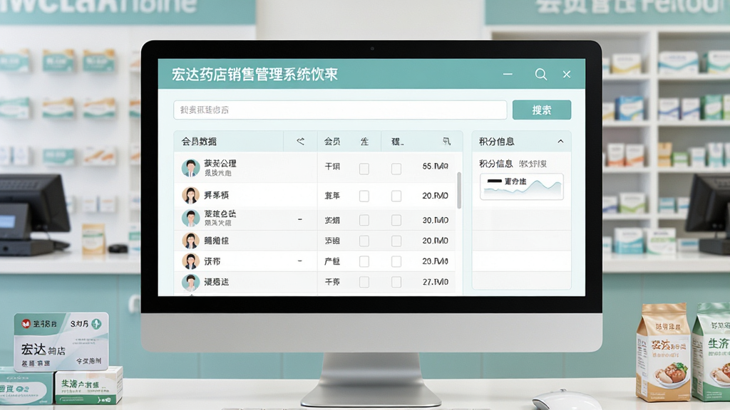 宏达药店销售管理系统会员管理界面展示图,画面中央为电脑屏幕显示会员列表和积分信息,布局为上下结构,上方为搜索栏,下方为会员数据表格,排版清晰,风格为清爽浅色风,细节上体现会员卡、药房柜台等元素,画质清晰,干净,无多余元素