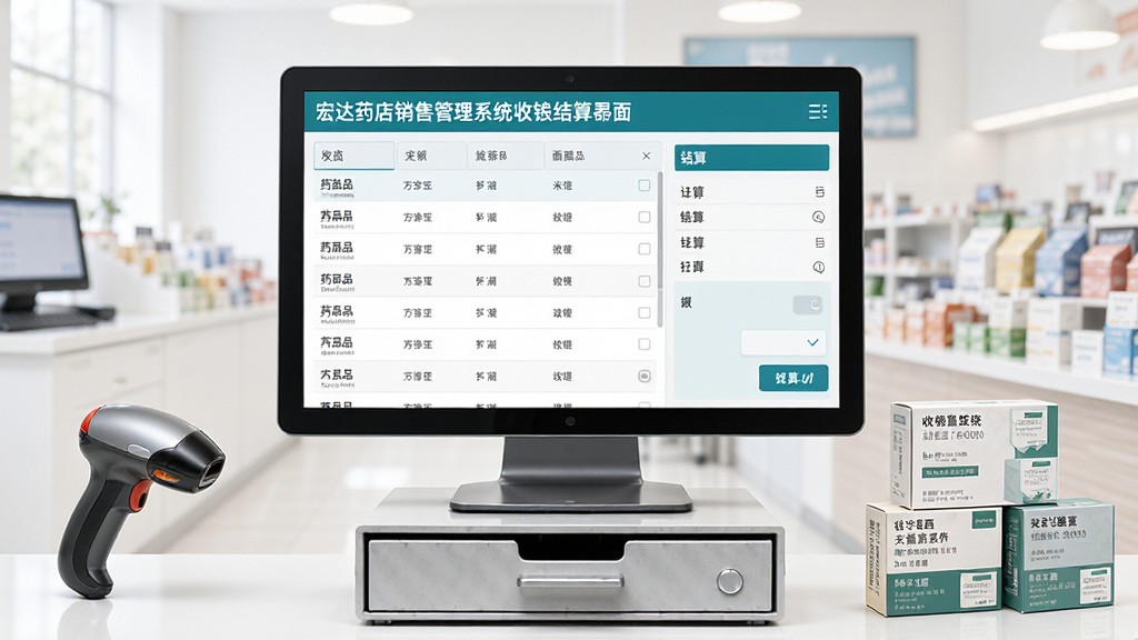 宏达药店销售管理系统收银结算界面展示图,画面中央为电脑屏幕上的收银操作界面,布局为左侧药品列表、右侧结算面板,排版清晰,风格为现代商务风,细节上体现扫码枪、收银抽屉、药盒等元素,画质清晰,干净,无多余元素