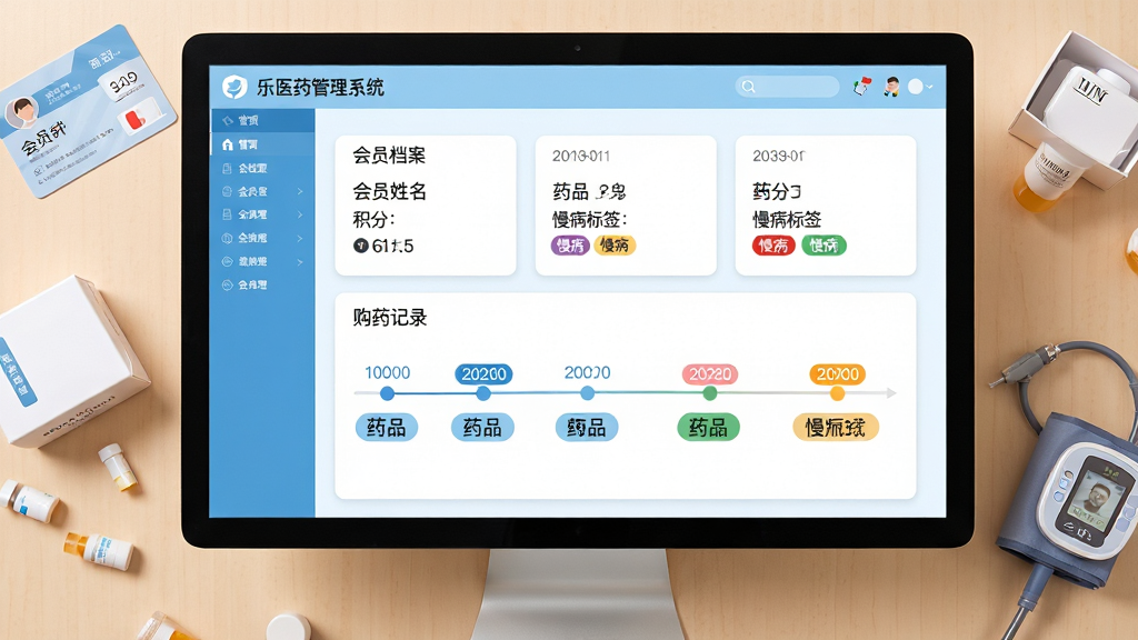 画面主体为管家乐医药管理系统会员管理界面,屏幕显示会员档案卡片与购药记录时间线,卡片上标注会员姓名、积分、慢病标签;布局为软件界面居中,周围点缀会员卡、药盒、血压计等小物件;排版采用卡片式布局,信息分层清晰;风格为温馨亲和商务风,浅蓝与白色搭配;细节上时间线节点有日期与药品名称,慢病标签用不同颜色区分;画质高清,干净,无多余元素