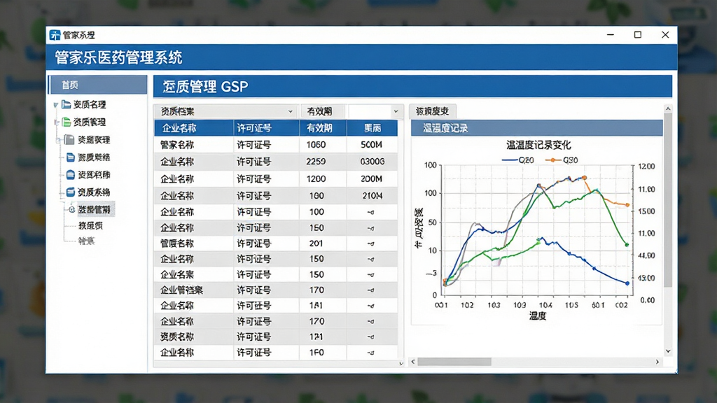 画面主体为管家乐医药管理系统GSP管理界面,屏幕上显示资质档案列表与温湿度记录曲线图,界面顶部有“管家乐医药管理系统”标识;布局为软件窗口居中,左侧为菜单树,右侧为内容区;排版采用上下结构,上方标题栏,下方数据表格与图表并排;风格为严谨商务风格,蓝白灰配色;细节上表格包含企业名称、许可证号、有效期等字段,曲线图显示温湿度变化;画质高清,干净,无多余元素