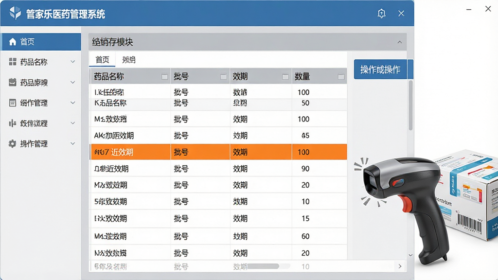画面主体为管家乐医药管理系统进销存模块界面截图,屏幕中央显示药品库存表格,包含药品名称、批号、效期、数量列,其中近效期一行用橙色高亮;布局为软件界面占画面大部分,右侧放置扫码枪和药品盒;排版采用左中右结构,左侧导航栏、中间数据区、右侧操作按钮;风格为清爽商务软件风,蓝灰配色;细节上表格文字清晰,高亮行有明显提示效果;画质高清,干净,无多余元素