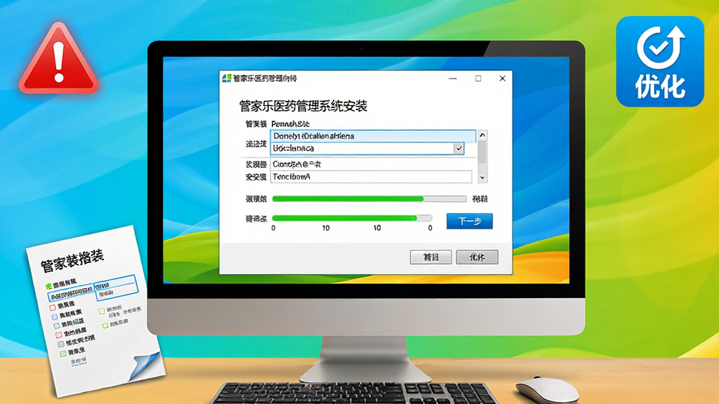 画面主体为电脑屏幕上显示管家乐医药管理系统安装向导界面,旁边放置鼠标与说明书,画面一角有红色警示图标与蓝色优化图标;布局为电脑居中,安装界面清晰可见;排版采用中心聚焦,四周元素环绕;风格为教程指引风,色彩明快;细节上安装路径选择框、下一步按钮、进度条等元素可辨;画质高清,干净,无多余元素