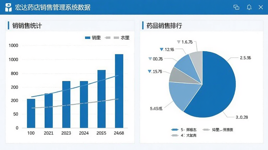 宏达药店销售管理系统数据报表分析界面,画面展示销售统计图表与药品销售排行列表,柱状图与饼图结合呈现,数据清晰直观,界面采用蓝白配色,画质干净整洁