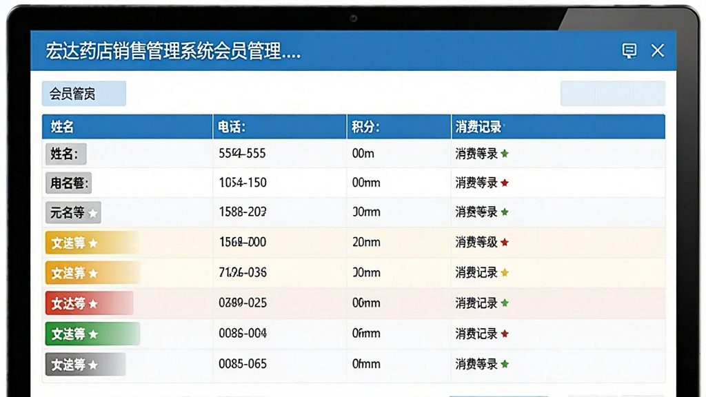 宏达药店销售管理系统会员管理界面,画面展示会员列表包含姓名、电话、积分、消费记录等信息,会员等级以不同颜色标识,界面布局规整,蓝白商务风格,画质清晰干净