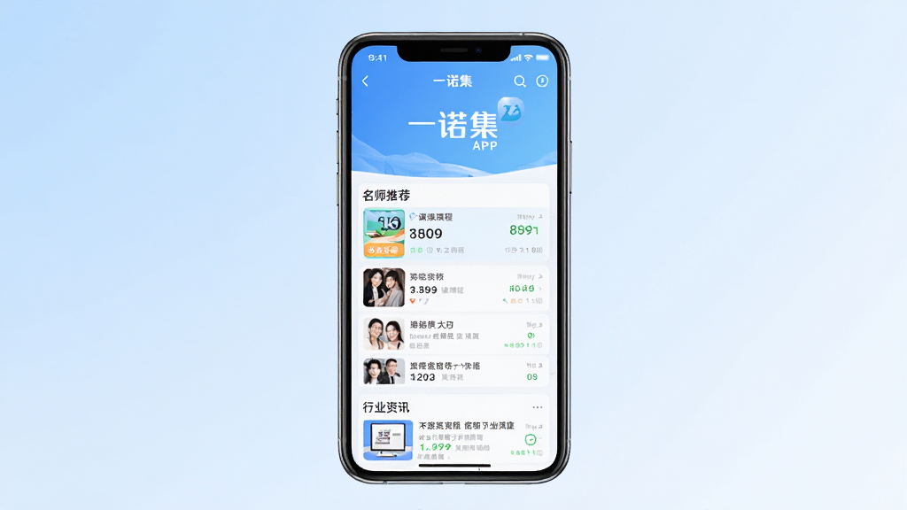 一诺集APP主界面展示图,画面中央为手机屏幕,屏幕内显示一诺集标志性首页,包含课程列表、名师推荐与行业资讯板块,背景为简洁的浅蓝色渐变,风格清新商务,细节清晰,画质干净无多余元素,整体布局居中排版,高清晰度