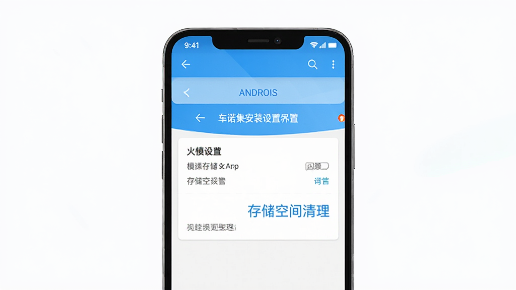 一诺集APP安装设置界面示意图,画面中央为手机屏幕,屏幕内显示安卓权限设置页面与存储空间清理界面,背景为简洁白色,风格实用清晰,细节明确,画质干净无多余元素,排版直观