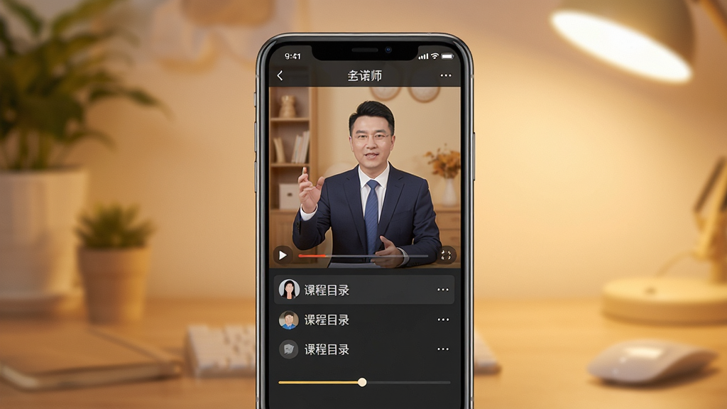 一诺集APP课程学习界面,画面中央为手机屏幕,屏幕内显示名师授课视频播放界面,下方有课程目录与进度条,背景为柔和暖色调,风格温馨专业,细节清晰,画质干净无多余元素,排版居中