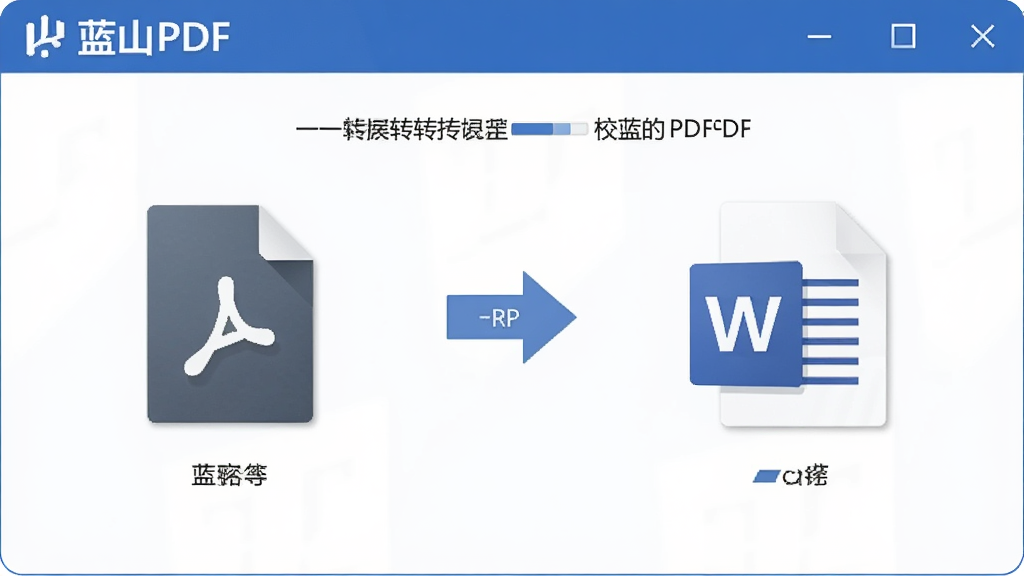 一张展示蓝山PDF格式转换功能的界面图,画面中显示一个PDF文件正在转换为Word文档的进度界面,左侧是源文件图标,右侧是目标格式图标,中间有转换箭头,界面风格简洁明快,带有蓝山PDF软件标识,画质清晰,无多余元素