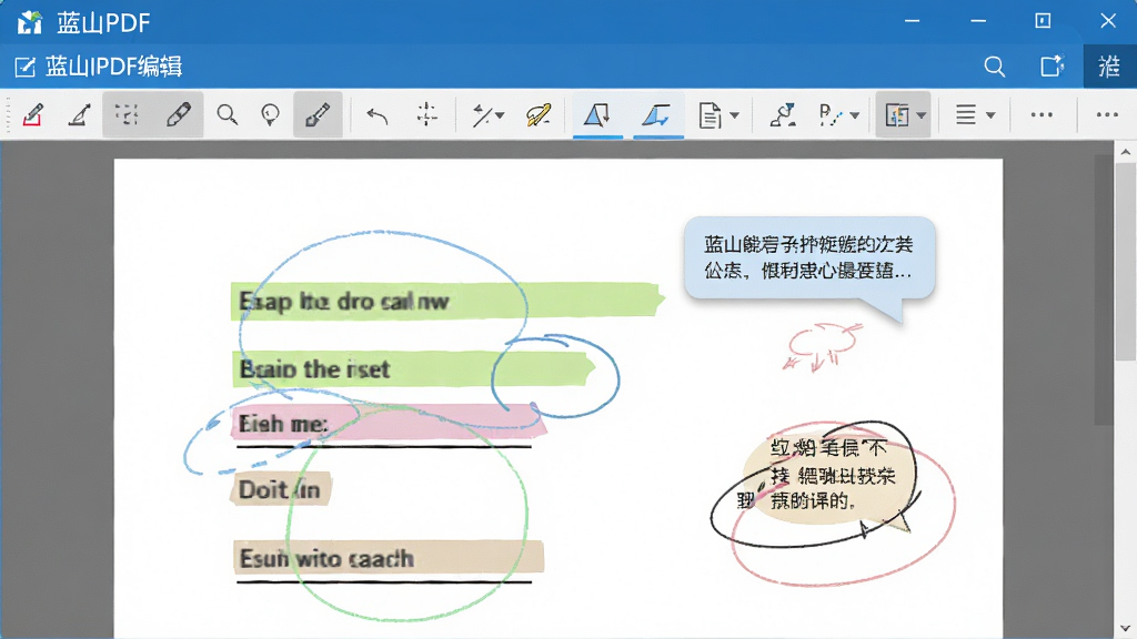 一张展示蓝山PDF编辑与批注功能的界面图,画面中一份PDF文档上分布着高亮标记、下划线、文字批注气泡和手绘圈注,工具栏显示编辑与批注选项,界面风格专业简洁,带有蓝山PDF软件名称,画质干净,无多余元素