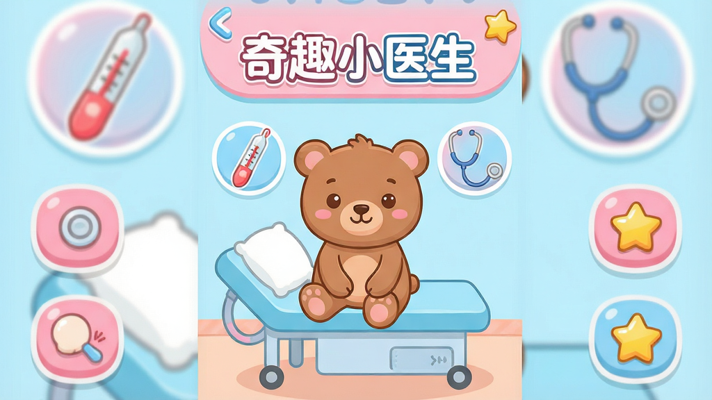 一幅卡通风格儿童医疗游戏界面插画,画面中一只小熊坐在诊疗床上,旁边有体温计和听诊器图标,屏幕上方显示