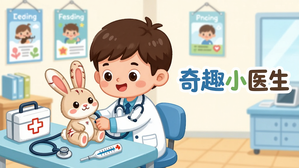一张卡通儿童诊室场景插画,画面中央是穿着白大褂的小朋友医生,正在给一只受伤的小兔子做检查,旁边摆放听诊器、体温计、药箱等医疗道具,背景是明亮的诊所房间,整体布局为横向构图,主体位于画面中心偏左,右侧留出空间放置软件名称文字