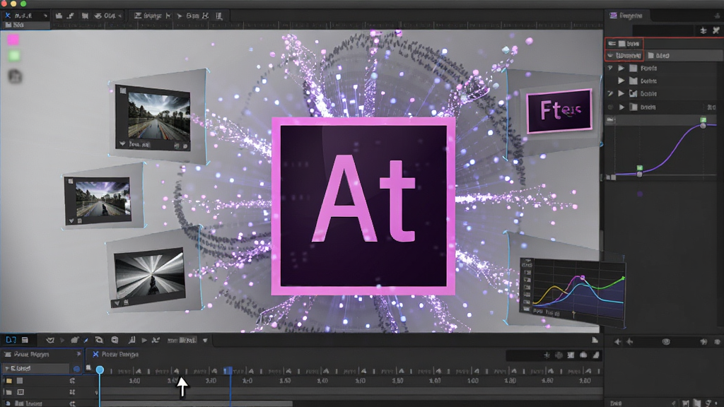 Adobe After Effects 软件启动界面展示,主体为软件标志性的紫色图标与动态粒子光效背景,布局采用中心辐射式构图,排版简洁大气,风格为科技感与创意融合的3D渲染,细节包含漂浮的图层缩略图、时间轴光标与关键帧曲线,画质高清,干净,无多余元素
