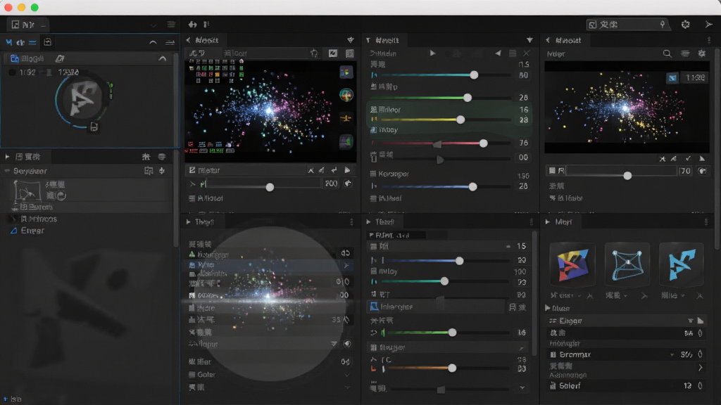 Adobe After Effects 特效面板展示,主体为粒子特效与发光滤镜的参数调节界面,布局采用网格化排列,排版整齐有序,风格为现代科技感UI设计,细节包含彩色参数滑块、实时预览缩略图、插件图标,画质高清,干净,无多余元素