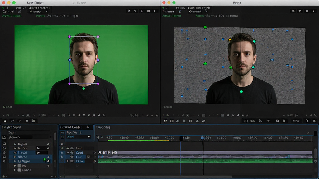 Adobe After Effects 绿幕抠像与跟踪界面,主体为人物素材与抠像后的透明背景对比,布局采用左右对照排版,左侧为原始绿幕画面,右侧为合成后效果,风格为影视后期工作场景,细节包含跟踪点标记、边缘调整参数、时间轴关键帧,画质高清,干净,无多余元素