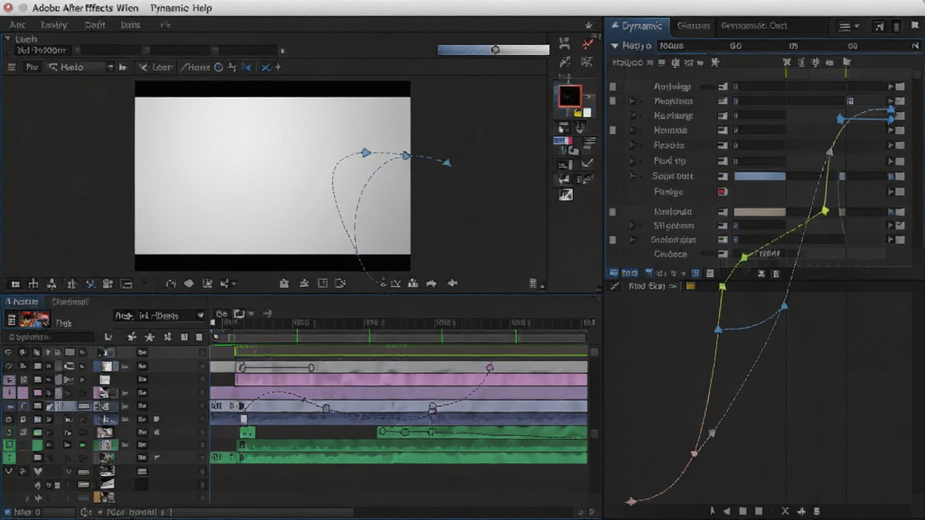 Adobe After Effects 动态图形工作界面,主体为多图层时间轴与曲线编辑器,布局采用左右分栏排版,左侧为合成预览窗口,右侧为关键帧属性面板,风格为专业软件UI写实风格,细节包含彩色图层条、运动路径虚线、贝塞尔控制手柄,画质高清,干净,无多余元素