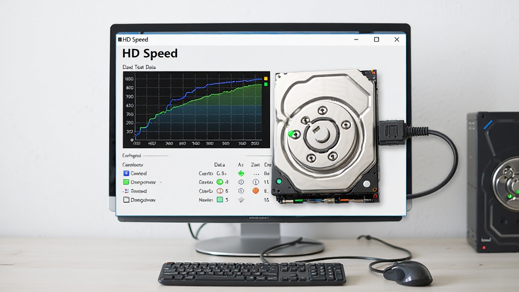 HD Speed 软件在 Windows 电脑上运行,用户正在查看硬盘测试数据,桌面整洁,主体为软件窗口和硬盘设备,布局为居中展示,排版清晰,风格为写实科技风,细节包括速度曲线、硬盘指示灯、数据线连接,画质高清,干净,无多余元素