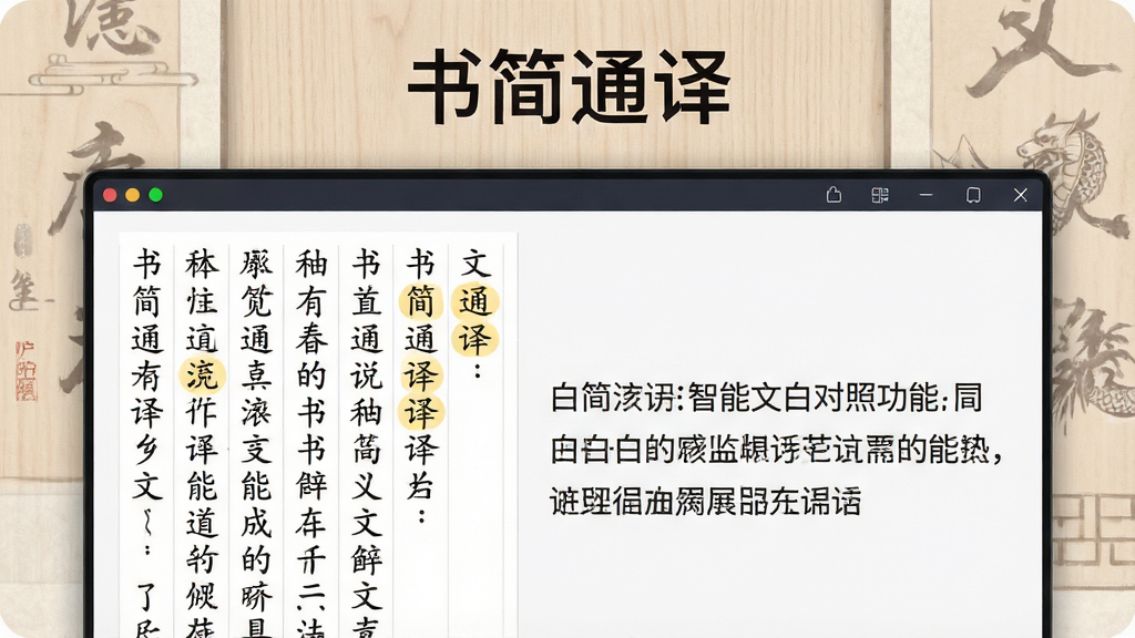 一张展示书简通译智能文白对照功能的图片,主体为软件操作界面,屏幕上方显示“书简通译”文字标题,下方左侧为竖排文言文段落,右侧对应横排白话文翻译,布局采用左右分栏设计,排版整齐,风格为现代简约与古典元素结合,细节包括浅色木纹背景、清晰的字体对比、以及高亮标注的生僻词注释,画质高清,干净无多余元素。
