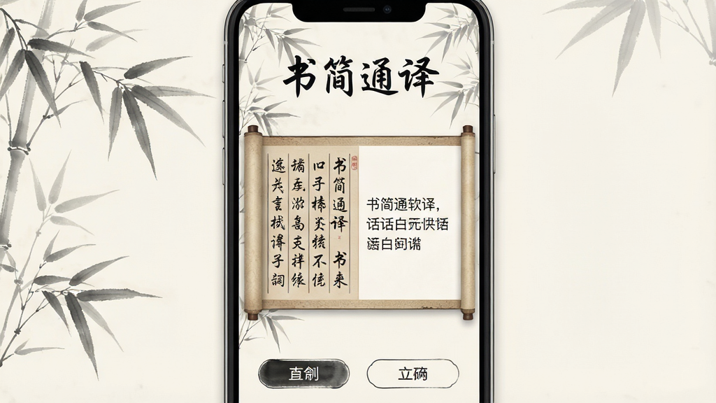 一张展示书简通译软件界面的图片,主体为手机屏幕,屏幕中央显示着古风卷轴样式的翻译窗口,左侧是竖排文言文,右侧是横排白话文译文,布局采用居中对称构图,排版清晰简洁,风格为中国古典水墨风,细节包括淡雅的竹叶背景、毛笔字体的标题“书简通译”、以及下方功能按钮,画质高清,干净无多余元素,无杂乱图标。