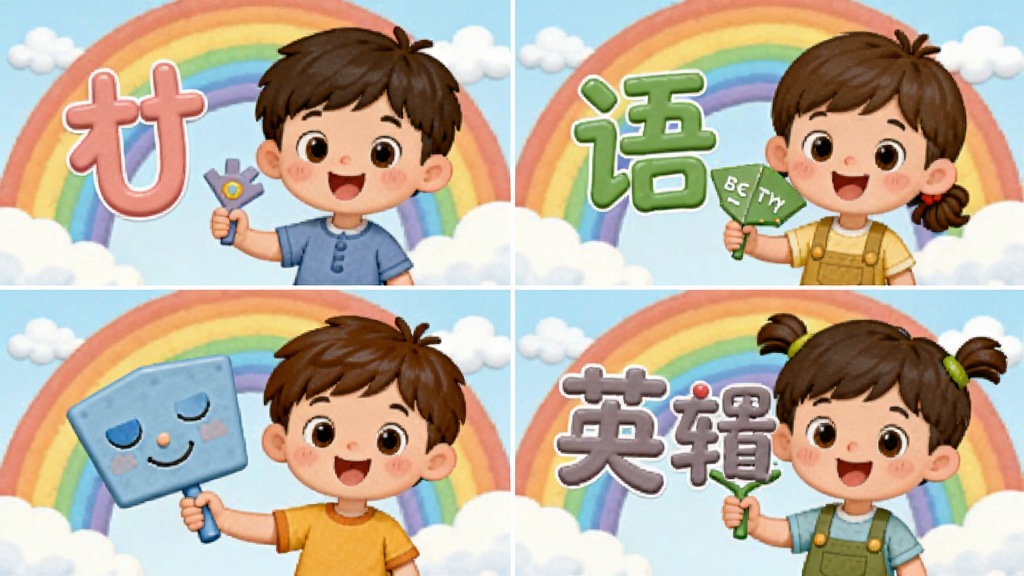 OKmath全科启蒙学习模块展示图,画面中四个卡通小朋友分别代表数学、语文、英语、逻辑四个学科,每个小朋友手持对应学科的道具,背景是彩虹和云朵,排版为四宫格布局,风格为儿童插画风,色彩明亮柔和,画面干净无杂乱元素,高清画质