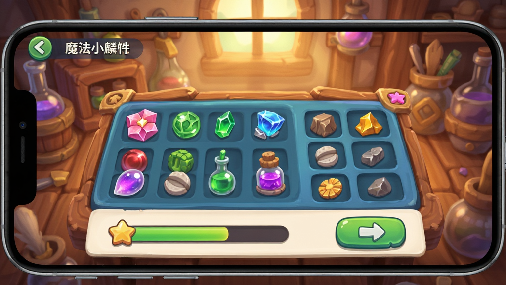 主体是魔法小麟软件内的魔法合成玩法界面,布局为手机横屏展示合成台与材料槽,背景是暖色魔法工坊,排版清晰直观,风格为卡通休闲,细节包含彩色魔法材料、合成进度条与按钮图标,画质高清,干净,无多余元素
