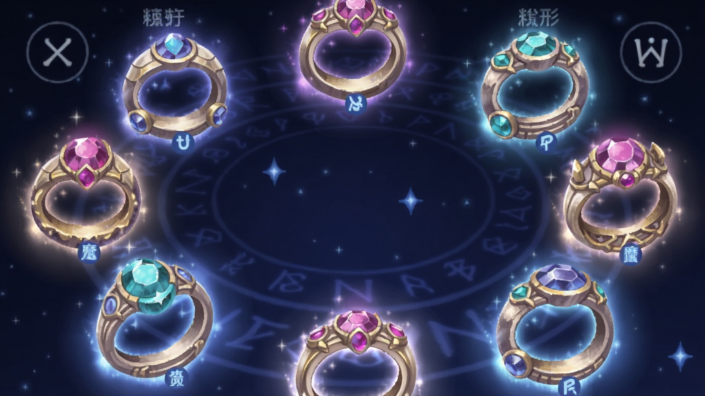 主体是魔法小麟软件中的魔法指环收集界面,布局为多枚发光指环环绕排列,背景是深蓝色魔法星空,排版采用环形展示,风格为奇幻唯美,细节包含指环上的宝石纹理、光晕与属性标识,画质高清,干净,无多余元素