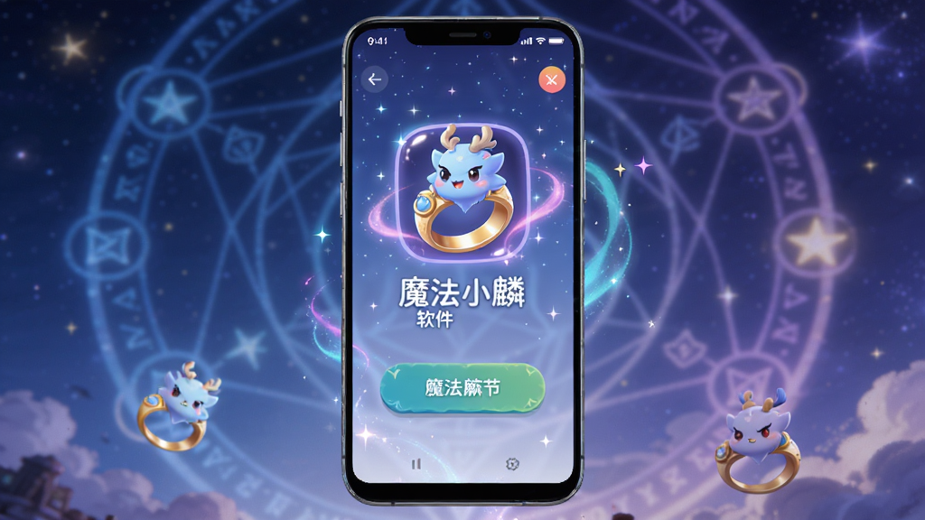 主体是安卓手机屏幕显示魔法小麟软件主界面,布局为手机居中展示,背景是星空与魔法阵元素,排版简洁清晰,风格为奇幻卡通,细节包含魔法指环图标、彩色光效与界面按钮,画质高清,干净,无多余元素