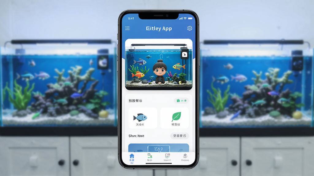 尼特利智能App主界面展示,画面中央是一部智能手机,屏幕上显示鱼缸设备控制面板,背景是摆放整齐的水族箱,蓝白色调,扁平化UI风格,细节丰富,高清画质,干净无多余元素