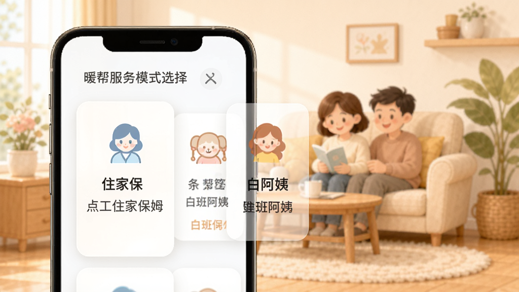 暖帮服务模式选择界面,手机屏幕展示钟点工、住家保姆、白班阿姨等选项卡片,每张卡片配有图标和简介,背景是温馨的家庭场景插画,风格清新柔和,画质清晰,无杂乱元素