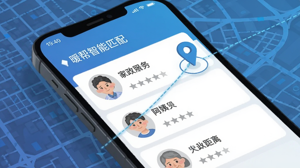 暖帮智能匹配功能界面,手机屏幕显示附近家政服务人员列表,带有头像、评分和距离信息,一个定位图标连接用户与阿姨,背景是城市地图网格,科技感蓝色调,扁平化设计风格,画面干净整洁,画质清晰
