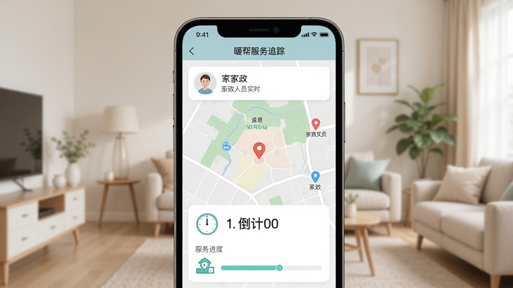 暖帮服务追踪页面,手机屏幕显示家政人员实时位置地图和倒计时,界面有服务进度条,背景为浅色居家环境,风格简约现代,画质高清,细节丰富