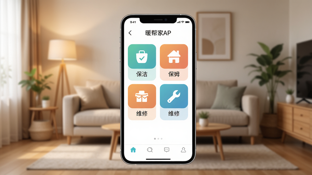 暖帮APP主界面展示图,画面中央是一部智能手机,屏幕上显示着暖帮家政服务预约界面,包含保洁、保姆、维修等分类图标,背景是温馨整洁的现代家庭客厅,柔和暖色调灯光,风格写实简约,细节清晰,画质高清,干净无多余元素