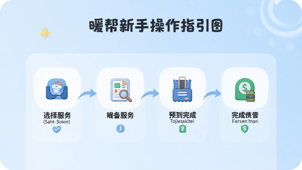 暖帮新手操作指引图,手机屏幕显示预约流程步骤,从选择服务到完成支付,每一步配有图标和简短文字说明,背景为浅蓝色渐变,风格简洁明快,画质高清,无多余装饰
