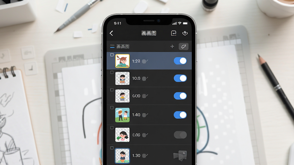 一张展示手机绘画图层管理界面的图片,画面中央是“画画图”应用的图层面板截图样式,显示多个图层缩略图和可见性开关,背景为浅色工作台,布局清晰,风格简洁专业,细节丰富,画质高清,干净,无多余元素