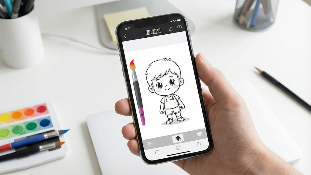 一张展示手机绘画应用界面的图片,画面中央是一部智能手机,屏幕上显示着“画画图”应用的绘画界面,包含彩色画笔、调色盘、图层按钮和一张正在绘制的卡通人物线稿,背景是干净的书桌环境,整体布局清晰,风格清新明快,细节丰富,画质高清,干净,无多余元素