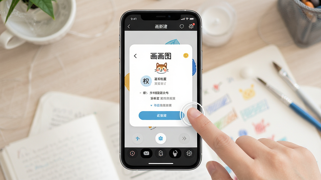 一张展示手机绘画应用新手设置界面的图片,画面中央是“画画图”应用的权限设置和画布新建页面,旁边有手指点击屏幕的示意动作,布局清晰,风格友好,细节丰富,画质高清,干净,无多余元素
