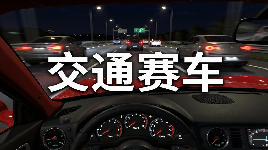 一辆红色跑车在夜晚的高速公路上高速行驶,周围有其他车辆和路灯,画面采用第一人称驾驶视角,仪表盘清晰可见,整体风格写实3D渲染,细节包括车灯反光、路面纹理、动态模糊效果,画质高清干净无多余元素,图片中央用白色粗体字写着“交通赛车”