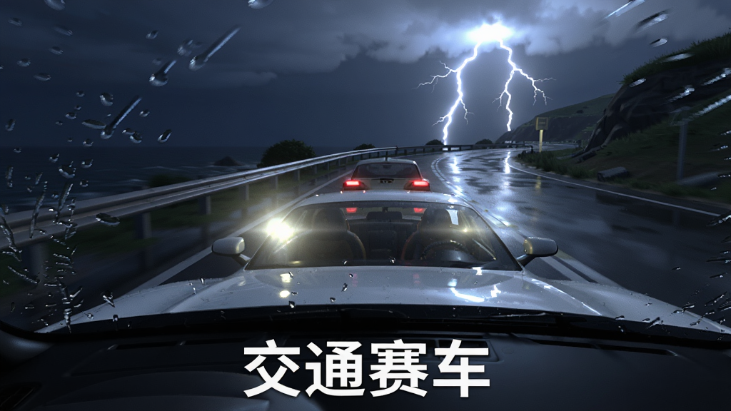 雨夜中的沿海公路,一辆白色跑车正在行驶,路面有明显积水反光,远处有闪电效果,画面风格写实3D,细节包括雨滴打在挡风玻璃上的痕迹、车灯照射范围、路边护栏,画质高清干净,图片下方用白色文字标注“交通赛车”